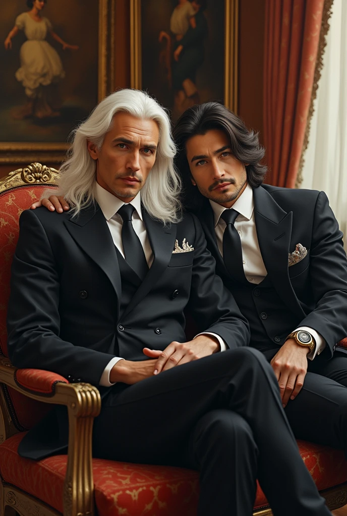 A handsome Russian man with long white hair, with a cigar in his bag, with her black-haired Korean man husband, sitting in a room in a mansion