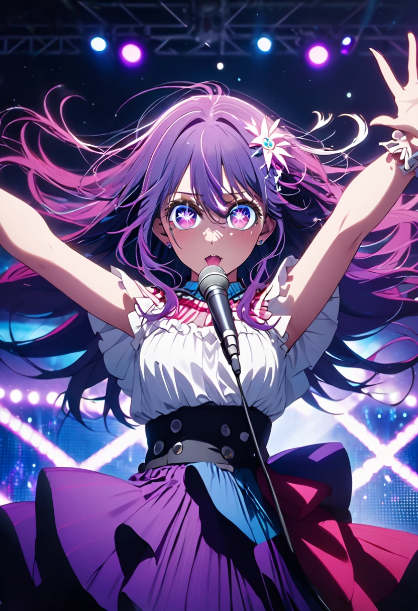 Long hair、 (PURPLE eyes:1.5), Stars in your eyes、PURPLE hair, Idol、microphone,Live Stage、singing、(Small breast:1.2), BREAK looking at viewer, BREAK outside, BREAK (masterpiece:1.2), best quality, high resolution, unity 8k wallpaper, (illustration:0.8), (beautiful detailed eyes:1.6), extremely detailed face, perfect lighting, extremely detailed CG, (perfect hands, perfect anatomy),Dynamic、Dynamic pose、whole body、Angle from below、