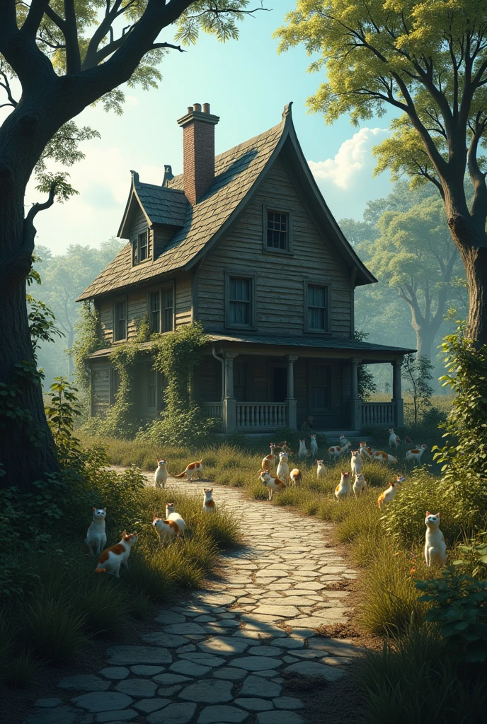 a quiet, forgotten town, there was a peculiar house at the end of a crooked street, surrounded by overgrown weeds and gnarled trees, filled with cats—hundreds of them