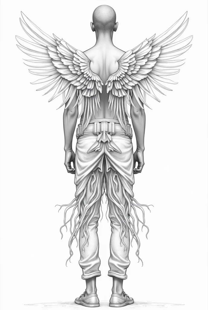 Make a male version Create an outfit for a fashion show with the following theme and inspiration pencil drawing style as a sketch of a drawing of a fashion outfit a little drawing style a little simple in the drawing style and more elaborate in the style of the outfit now to finish make it in the style of a sketch of a drawing of a dress/fashion clothing made by a human being make the style of the clothing a little more elaborate remember to PUT A LITTLE MORE FABRIC ON THE CLOTHING don't forget the wings and the roots now I want a men's version of the clothing try to inspire yourself IN GREEK CLOTHING MAKE IT FACING ME make the wings a little bigger on the back and root details on the bottom of the clothing like on the pants and also make it in a more pencil drawing style. Don't make the clothes and the drawing realistic just make the style of the drawing very simple make the style of the drawing very simple like a drawing: Front Topic: Roots and Wings Inspiration: This concept explores the duality between the roots that keep us anchored and the wings that allow us to fly.. The piece symbolizes the importance of recognizing our origins as we seek freedom and personal growth..