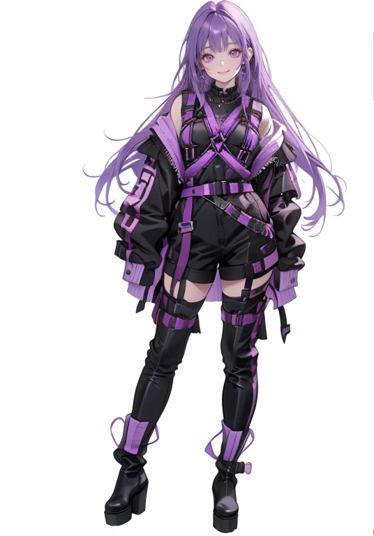 Purple Hair,Long Hair,girl,1 person,,((Body Harness)),,belt,((Heel boots)),cyber punk,Simple white background,smile,((full body)),whole body,Portraiture,Character Sheet