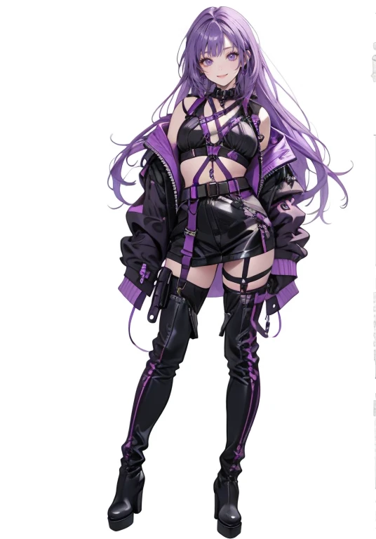 Purple Hair,Long Hair,girl,1 person,,((Body Harness)),,belt,((Heel boots)),cyber punk,Simple white background,smile,((full body)),whole body,Portraiture,Character Sheet