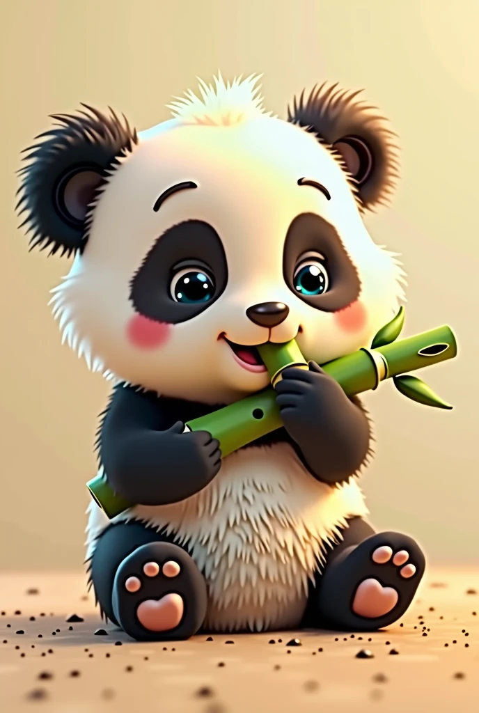 I need you to design me an animated image of a baby panda (that is tender) seated, holding and eating a bamboo branch (speaker shape) in a frontal plane where you can see that he is eating the bamboo