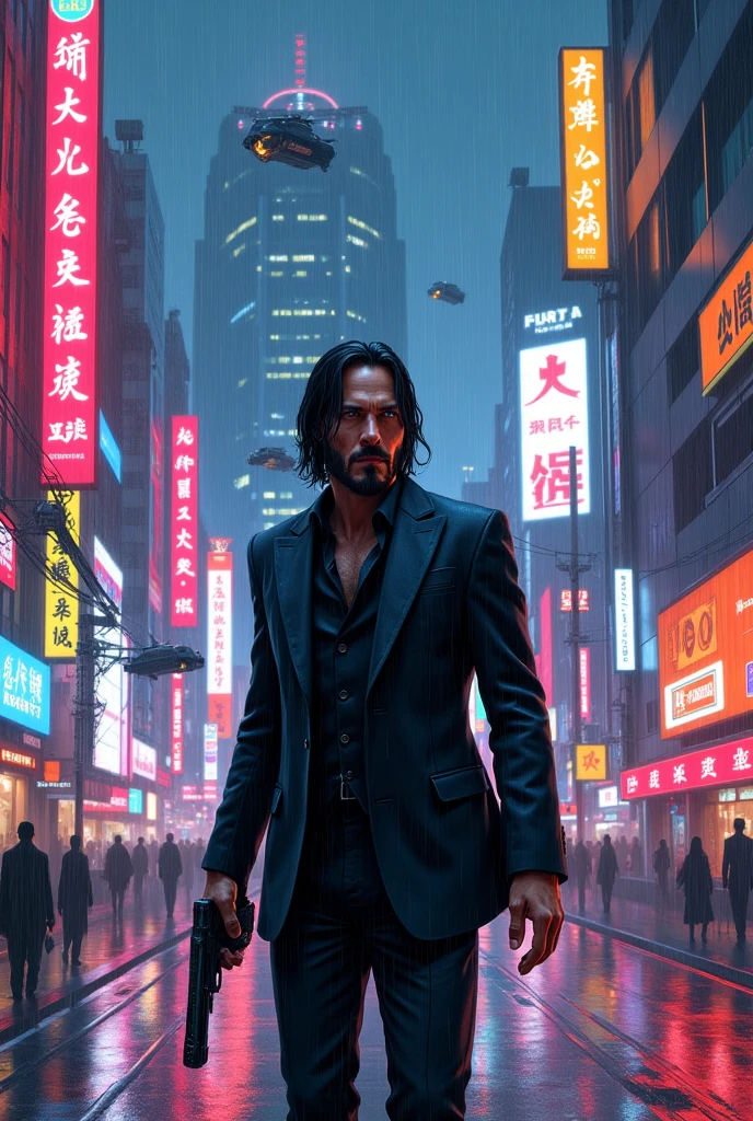 Create John Wick in the middle of a futuristic cyberpunk city in Tokyo while it rains at night. And I want the art style to be a drawn style but very detailed and colorful. 