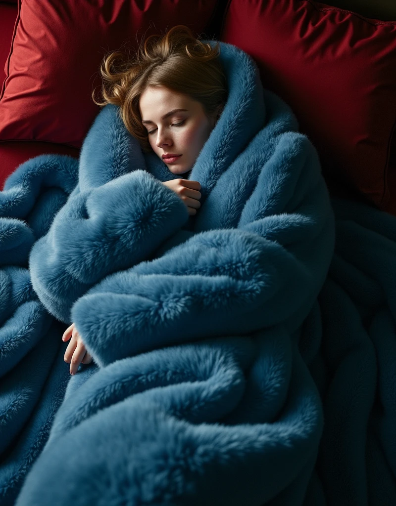 full body view a woman lying on a luxurious mattress covered tightly with three luxurious blue blankets, very thick, very soft, very soft and very heavy, lying on a very soft bed with red sheets. The person is covered completely from head to toe so it looks like a cocoon and mummy, the position of the picture shows the whole body, only a small part of the face and hair are visible, showing white skin. The scene is illuminated by dramatic, warm lighting, with deep shadows accentuating the contours of the blankets and the curves of the woman's body, highlighting the intricate patterns of the fur blanket and the gentle curves of her body.
