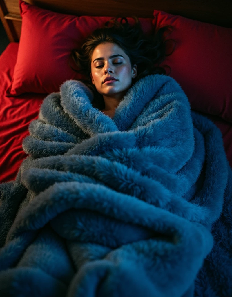 full body view a woman lying on a luxurious mattress covered tightly with three luxurious blue blankets, very thick, very soft, very soft and very heavy, lying on a very soft bed with red sheets. The person is covered completely from head to toe so it looks like a cocoon and mummy, the position of the picture shows the whole body, only a small part of the face and hair are visible, showing white skin. The scene is illuminated by dramatic, warm lighting, with deep shadows accentuating the contours of the blankets and the curves of the woman's body, highlighting the intricate patterns of the fur blanket and the gentle curves of her body.