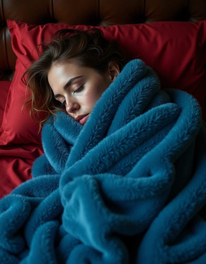 full body view a woman lying on a luxurious mattress covered tightly with three luxurious blue blankets, very thick, very soft, very soft and very heavy, lying on a very soft bed with red sheets. The person is covered completely from head to toe so it looks like a cocoon and mummy, the position of the picture shows the whole body, only a small part of the face and hair are visible, showing white skin. The scene is illuminated by dramatic, warm lighting, with deep shadows accentuating the contours of the blankets and the curves of the woman's body, highlighting the intricate patterns of the fur blanket and the gentle curves of her body.