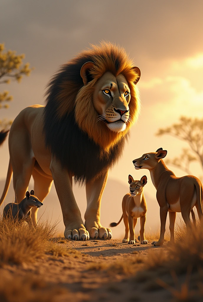 Animals Approaching the Lion: Picture a scene where the animals cautiously approach the lion, with one of them speaking to him. The lion looks dominant and intimidating.