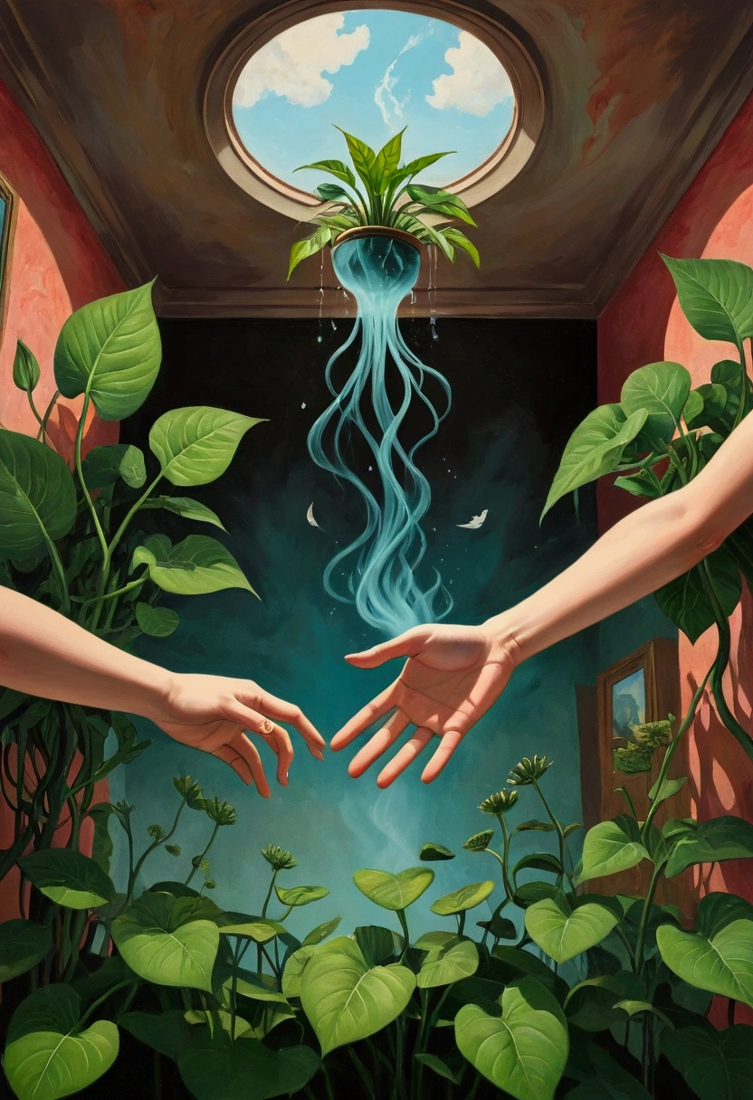 painting of a room with a plant and several hands reaching out of it, a surrealist painting by Anna Haifisch, tumblr, Surrealism, surreal painting, surrealistic painting, surrealist painting, Surrealist artwork, Surrealism aesthetic, surreal oil painting, surreal illustration, Surrealist art, whimsical Surrealism, dreamy painting of coronavirus, surreal art, abstract Surrealism masterpiece,Red smoke