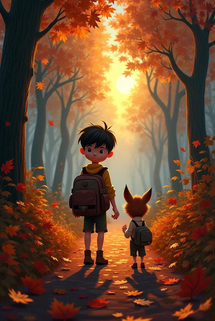  Sam and  Max setting off into the woods. The path is lined with autumn leaves, and the sky is turning to dusk.
Details: Warm, earthy tones for the forest setting and an adventurous, determined expression on Sam’s face.