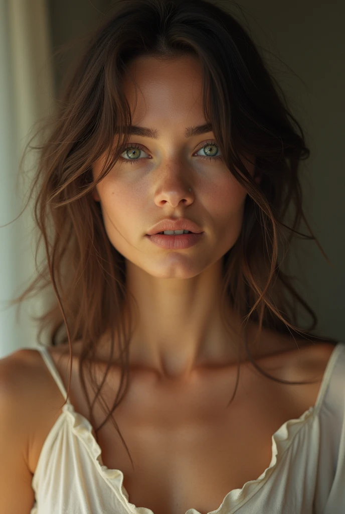 A pretty woman, light brunette, close up, girl next door, Loose Clothes, make up, lips, cups, natta, Messy hair, film grain, retro, Support 160 colors, Shot on ARRI ALEXA 65, sharp focus on the subject, Fujifilm XT-3