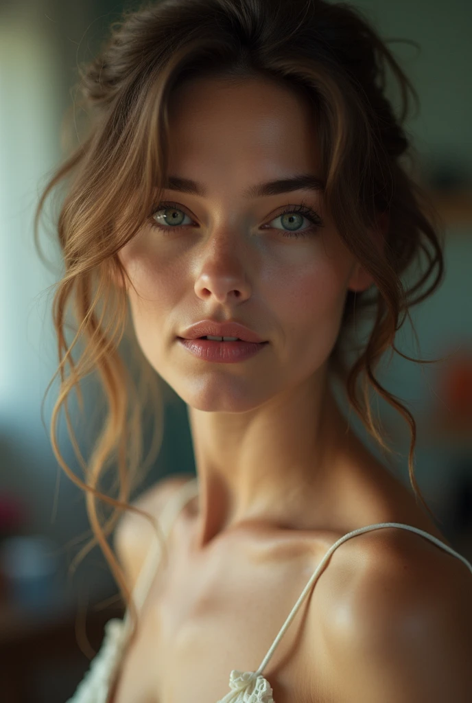 A pretty woman, light brunette, close up, girl next door, Loose Clothes, make up, lips, cups, natta, Messy hair, film grain, retro, Support 160 colors, Shot on ARRI ALEXA 65, sharp focus on the subject, Fujifilm XT-3