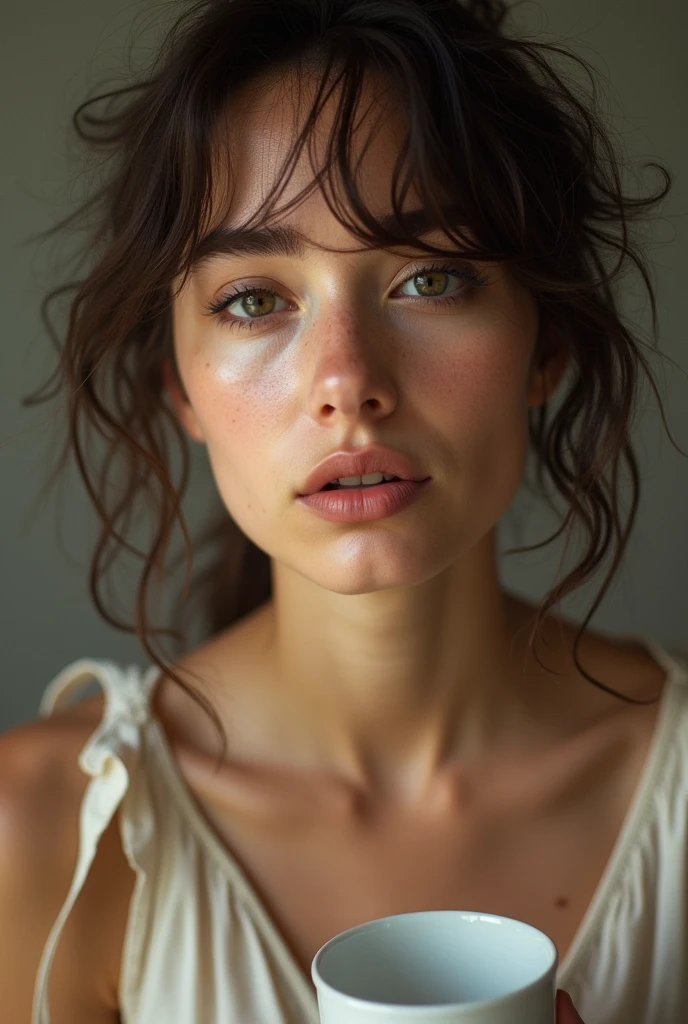 A pretty woman, light brunette, close up, girl next door, Loose Clothes, make up, lips, cups, natta, Messy hair, film grain, retro, Support 160 colors, Shot on ARRI ALEXA 65, sharp focus on the subject, Fujifilm XT-3