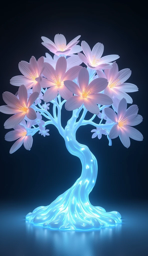 A luminous Tree of Life crafted entirely from translucent porcelain, glowing with an ethereal inner light. Delicate curving branches adorned with blossoms of glazed porcelain in shades of pale pink, lavender, and sky blue. The blossoms emit a soft warm glow, illuminating the surrounding darkness. Dreamlike atmosphere.