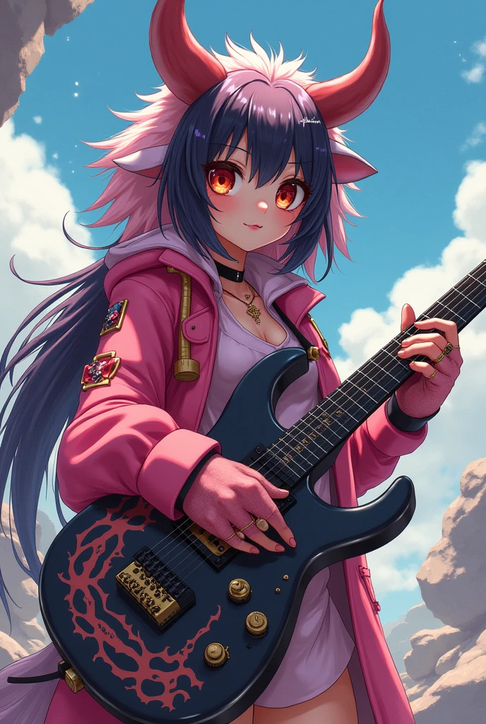 Create for me an anime girl with crazy aspects with a sniper guitar inspired by a furry hentai cow.