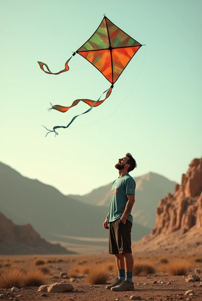 messi is flying a kite by a raw