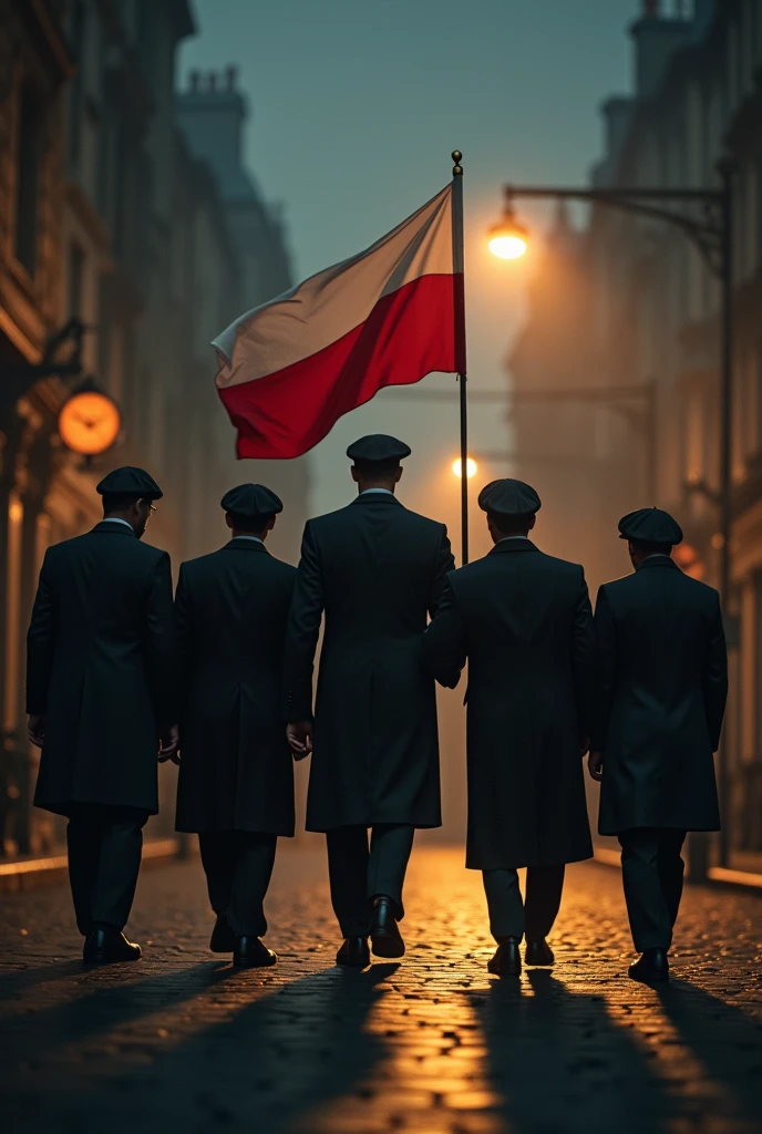 create a picture of six men of different heights walking backwards through the city, it is dark, only a street lamp lights them, they are dressed in peaky blinder style,the youngest of them carries the Polish flag up