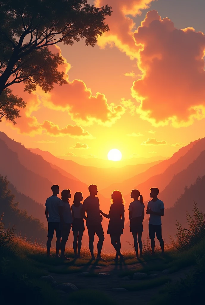 A group of 8 friends enjoying together in the midst of a valley. They all look like shadowy figures from a distance
Sun is setting in th background
The friends are havinv good time
The picture should be in horizontal ratio