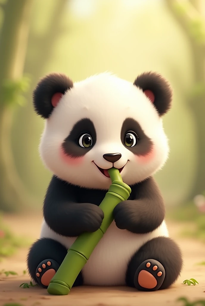 I need you to design me an animated image of a baby panda (that is tender) seated, holding and eating a bamboo branch (speaker shape) in a frontal plane where you can see that he is eating the bamboo