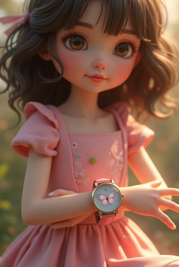 Girl wearing Classic pink watch with butterfly inside and has soft leather strap