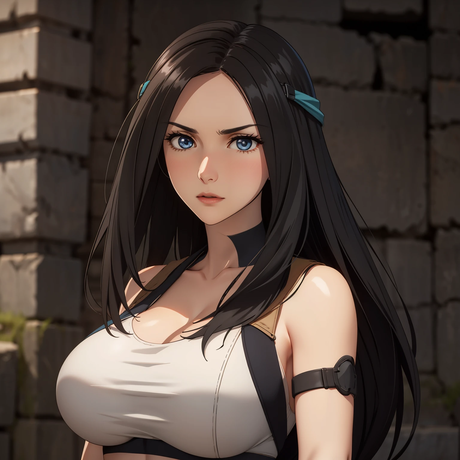 One day. 30 year old woman. black fur . light blue eyes, big breasts,serious expression, blush, Pale skin, big breasts, lara croft, ancient ruins background.