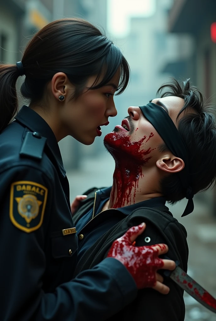 Realistic, A beautiful police girl knife, cut throat A boy blindfold neck bloody splash, full body, wide open throat, throat contents