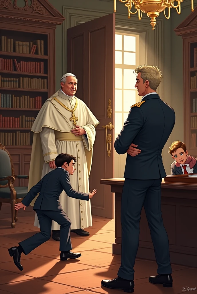 In the illustrated scene, the setting is a richly detailed office, with dark wooden furniture and tall shelves lined with books. The room is decorated with traditional Catholic symbols, giving it a solemn and historical feel. The floor is polished wood, reflecting the warm light coming from an ornate chandelier hanging above.

At the center of the image, the young, white European Professor Petterson stands, dressed in his signature yellow polo shirt, white trousers, brown belt, and blue sneakers. His black hair, short and styled in a military cut, is slightly disheveled as he looks down at the two students, a mixture of worry and embarrassment on his face. His well-groomed goatee and the slight dark circles under his eyes add to the seriousness of his expression.

On the floor in front of Petterson, the two students, Kauan and Arthur, have just tumbled through the door. Kauan, the 1 blonde with bright green eyes, is sprawled awkwardly, one arm supporting himself as he tries to get up. His classic dark blue uniform with yellow-trimmed edges is slightly rumpled from the fall. Beside him, Arthur, with his spiky black hair and dark brown eyes, is also in a similarly disheveled state, his uniform mirroring Kauan's. Both boys are in mid-motion, their expressions a mix of shock and embarrassment.

Standing near the large desk, Pope Pio XIII is captured in a moment of genuine laughter. His figure, robed in white with a golden stole, contrasts with the dark, formal setting. His face is lit up with amusement, eyes twinkling as he watches the two boys scramble on the floor. The laughter lines on his face are clearly defined, emphasizing his warmth and humor.

The overall composition of the illustration draws the viewer's eye from the students on the floor, up to Petterson's concerned and embarrassed expression, and finally to the Pope's hearty laughter, creating a dynamic and engaging visual narrative. The richness of the setting, combined with the character expressi