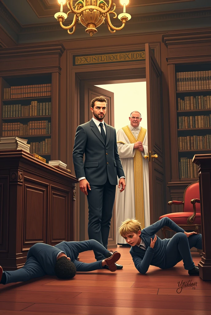 In the illustrated scene, the setting is a richly detailed office, with dark wooden furniture and tall shelves lined with books. The room is decorated with traditional Catholic symbols, giving it a solemn and historical feel. The floor is polished wood, reflecting the warm light coming from an ornate chandelier hanging above.

At the center of the image, the young, white European Professor Petterson stands, dressed in his signature yellow polo shirt, white trousers, brown belt, and blue sneakers. His black hair, short and styled in a military cut, is slightly disheveled as he looks down at the two students, a mixture of worry and embarrassment on his face. His well-groomed goatee and the slight dark circles under his eyes add to the seriousness of his expression.

On the floor in front of Petterson, the two students, Kauan and Arthur, have just tumbled through the door. Kauan, the 1 blonde with bright green eyes, is sprawled awkwardly, one arm supporting himself as he tries to get up. His classic dark blue uniform with yellow-trimmed edges is slightly rumpled from the fall. Beside him, Arthur, with his spiky black hair and dark brown eyes, is also in a similarly disheveled state, his uniform mirroring Kauan's. Both boys are in mid-motion, their expressions a mix of shock and embarrassment.

Standing near the large desk, Pope Pio XIII is captured in a moment of genuine laughter. His figure, robed in white with a golden stole, contrasts with the dark, formal setting. His face is lit up with amusement, eyes twinkling as he watches the two boys scramble on the floor. The laughter lines on his face are clearly defined, emphasizing his warmth and humor.

The overall composition of the illustration draws the viewer's eye from the students on the floor, up to Petterson's concerned and embarrassed expression, and finally to the Pope's hearty laughter, creating a dynamic and engaging visual narrative. The richness of the setting, combined with the character expressi
