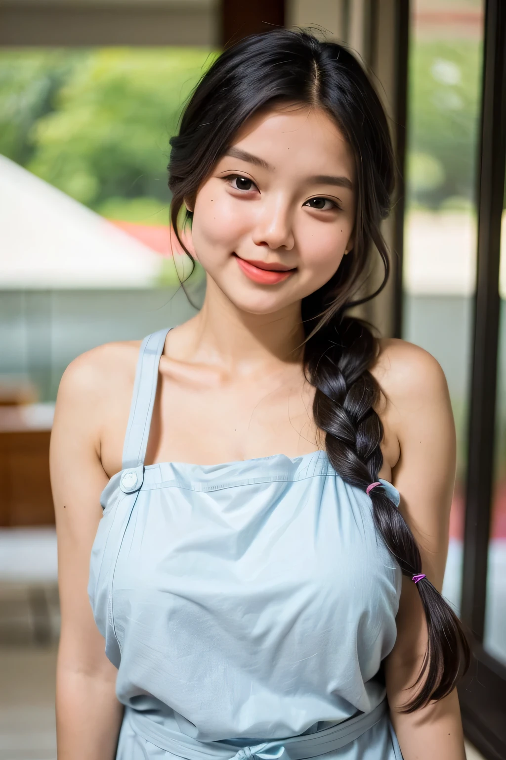 adorable, 1 girl, (face to face), , baby face, happy, medium portrait, (face details: 1), (eye details:1), ((naked big breasts)). wearing transparent transparency mini apron, .. Cute posed. proportional body. Ultra High Res. realistic: 1.4, UHD, poke ((Braid Hairstyle)) , lace (Gigantic:1.39)