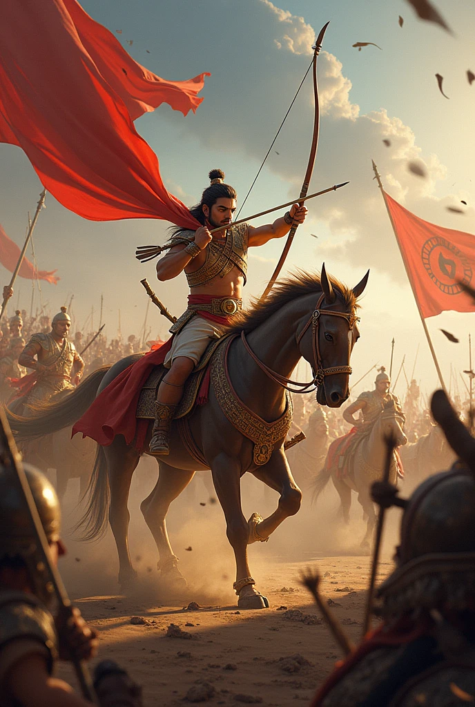 A battlefield where Arjun, in full warrior attire, is defeating enemies. In the background, Shakuni looks frustrated and defeated, realising his plan has failed.