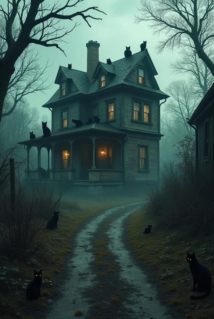 a quiet, forgotten town, there was a peculiar house at the end of a crooked street, surrounded by overgrown weeds and gnarled trees, filled with BLACK SCARY cats—hundreds of them