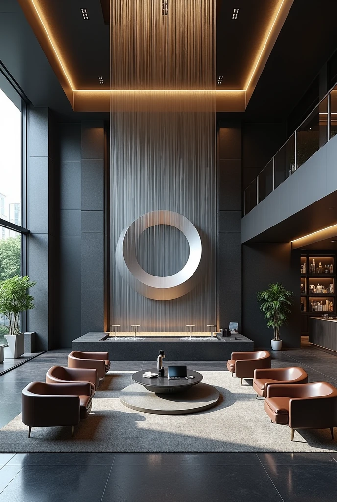Professional 3d architecture rendering design of modern And high tech for boticque hotel’s Labi with dark slab stone and 8 dark brown leather Chairs that separate with modern green space and medium flouting dark gray marble station and 2 laptops and coffee table elegant and modern glassy and silver accessories and modern windows and private space for baggage in the Labi and black slab stone middle table and elegant accessories and modern ceiling lighting and beautiful green space and private space for baggage with silver wall and silver reception and big silver sculpture of crescent moon that cover with waterfall in the corner of Labi and modern green space between the chairs in the Labi