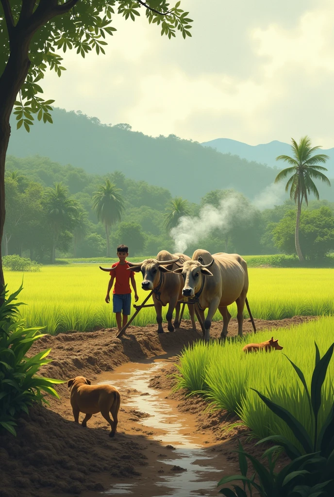 Plow the field​ in cambodia at rice fields, dogs, boys