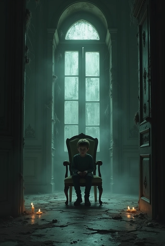 A boy is sitting in a haunted mansion