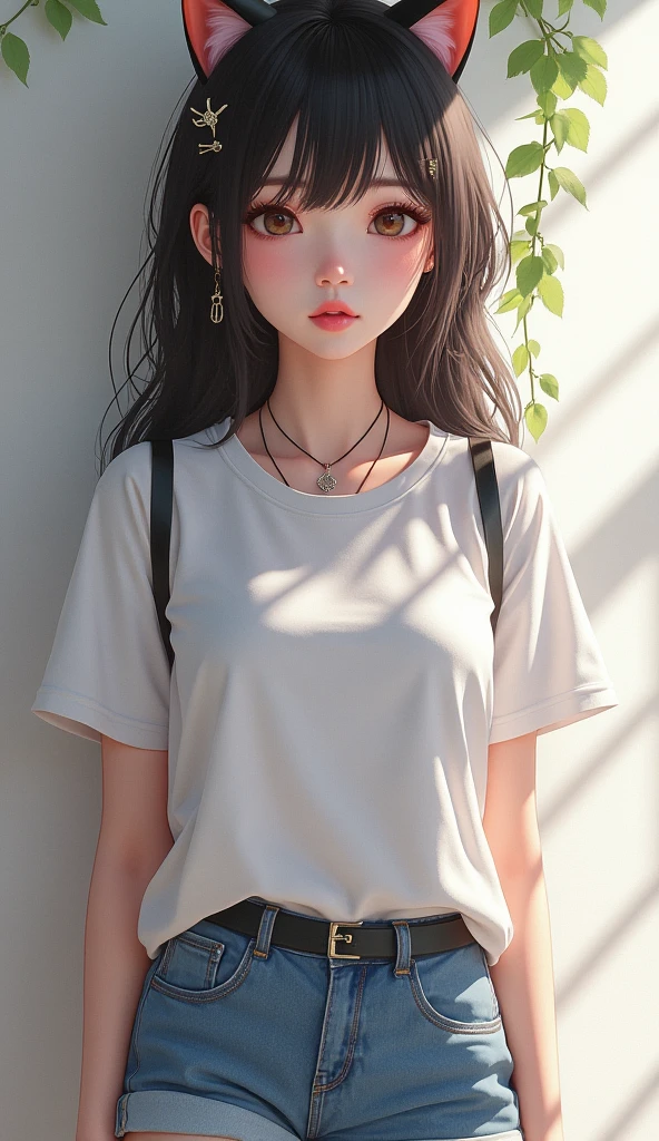 A highest resolution art work with sharp image details Honest Beautiful girl with a really lovely round face and fashionable style with cat ear hairpin accessories and short jeans white T-shirt photography, a detailed picture of Lü Ji, cgsociety, digital art, fashion style a realistic beautiful girl at pixiv, artistic style cosplay CG KDA lol reality, realistic art style panoramic depth of field highest resolution aperture sharp image details