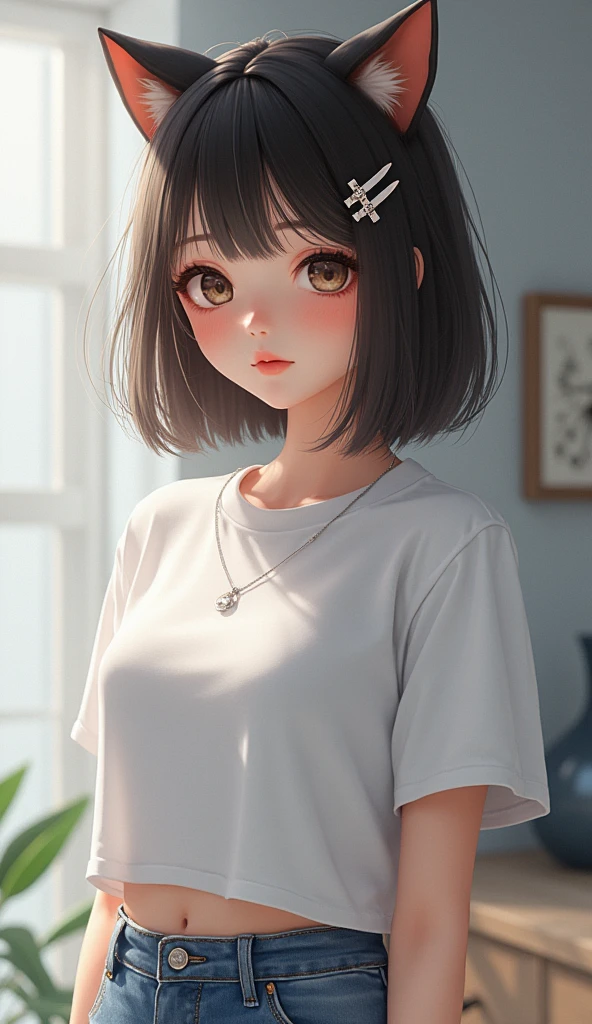 A highest resolution art work with sharp image details Honest Beautiful girl with a really lovely round face and fashionable style with cat ear hairpin accessories and short jeans white T-shirt photography, a detailed picture of Lü Ji, cgsociety, digital art, fashion style a realistic beautiful girl at pixiv, artistic style cosplay CG KDA lol reality, realistic art style panoramic depth of field highest resolution aperture sharp image details