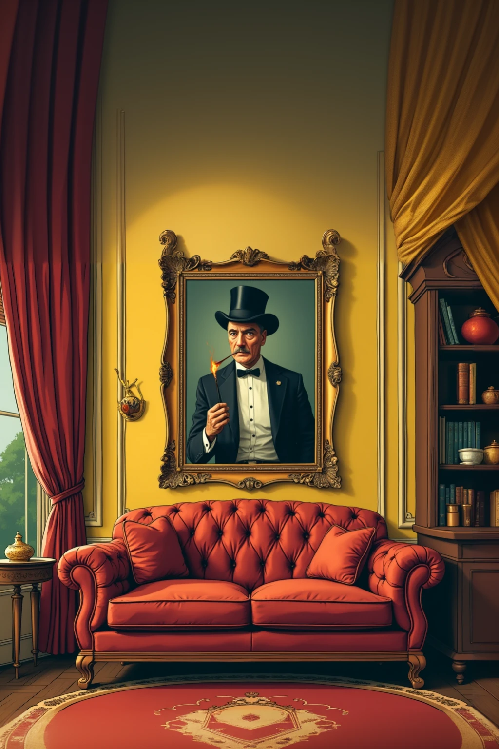 A yellow wall and on the right the red curtain