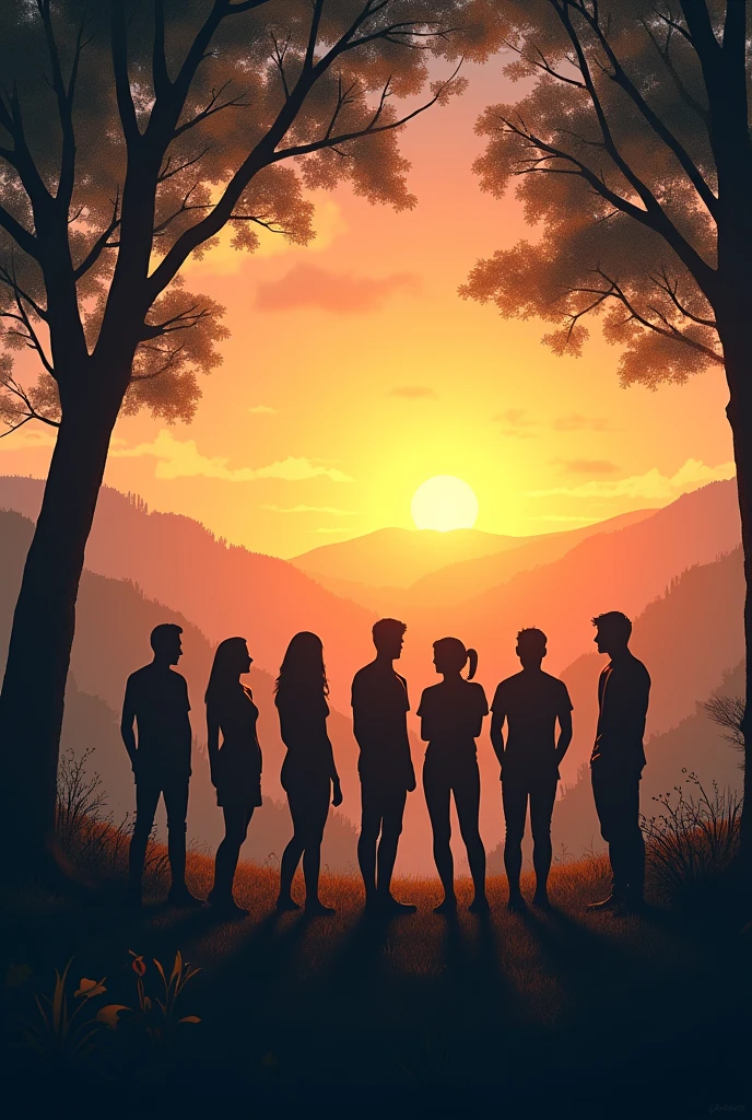 A group of 8 friends enjoying together in the midst of a valley. They all look like shadowy figures from a distance
Sun is setting in th background
The friends are havinv good time
The picture should be in horizontal ratio