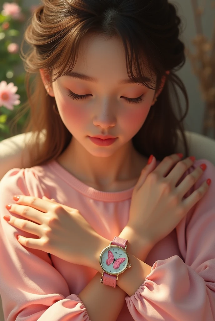 Teenage Girl wearing Classic pink watch with butterfly inside and has soft leather strap