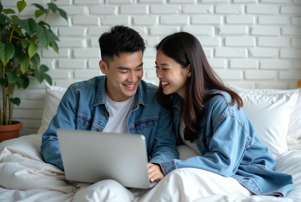 High Resolution, Masterpiece, Accurate, Detail, High Quality, Realistic photo. A 20 years old asian wife, long dark hair, white skin, height: 155 cm, weight: 45 kg. A 30 year old asian husband, short hair, white skin, height: 160 cm, weight: 55 kg. They are sitting on a bed, looking at a laptop together. The man is wearing a blue denim jacket and the woman is a brunette with long dark hair. They are both smiling and appear to be engaged in a conversation. The bed has white sheets and pillows, and there is a plant in the corner of the room. The background is a white brick wall and a window with blinds. The overall mood of the image is happy and relaxed.