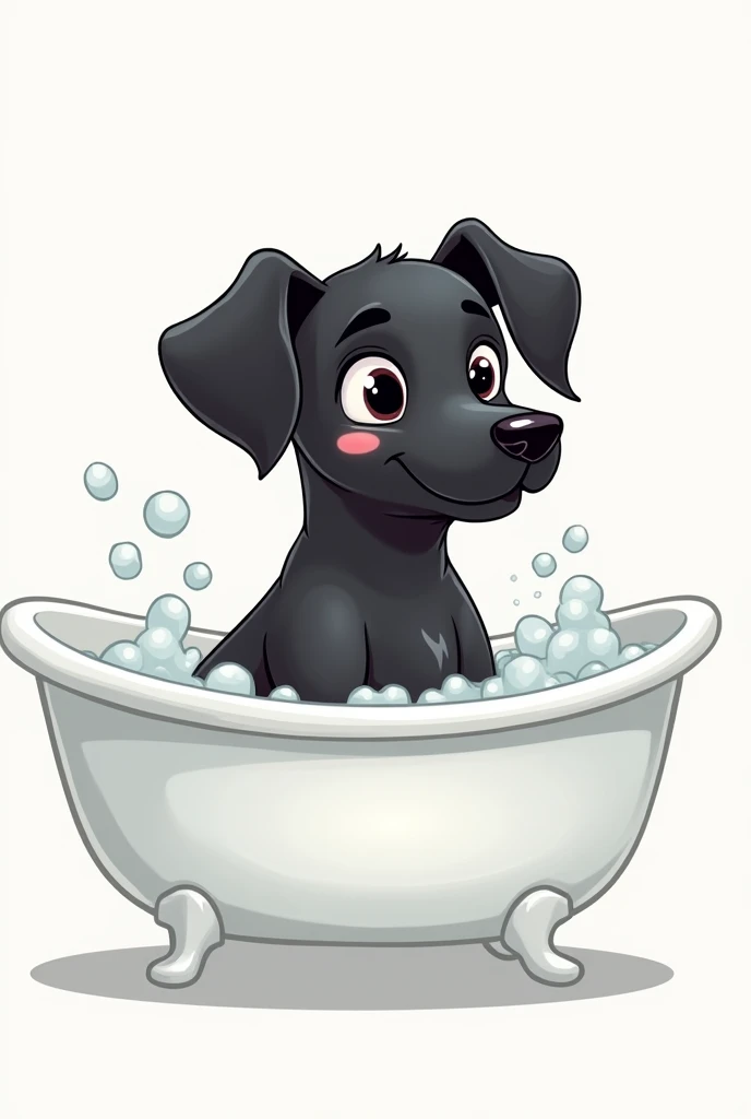 (Logo) Formal cartoon of a black female dog with upright ears, gentle face, in a white tub, with bubbles and shampoo with the name Mía Dog grooming 