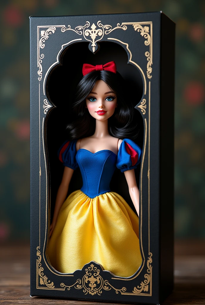 Customized Barbie doll according to hair, Disney's Snow White's dress and face, in the style of a dark fantasy from the 80s. The doll must be inside a black cardboard box.. The box should be in a romantic gothic style and should have a clear acetate lid on the front so the doll can be displayed.