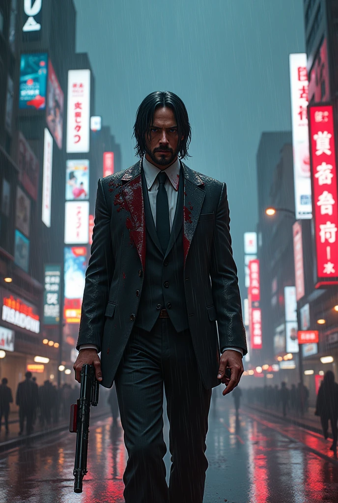Create John Wick covered in blood in the middle of a futuristic cyberpunk city in Tokyo while it rains at night 