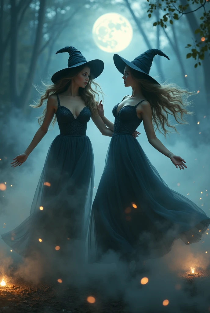 Enchanting witches dancing gracefully amidst swirling mists and glowing ethereal orbs in a moonlit clearing. (perfect face:1.6), (perfect realistic skin texture:1.5), (perfect eyes:1.5), photorealism, (sfw huge breasts:1.6)