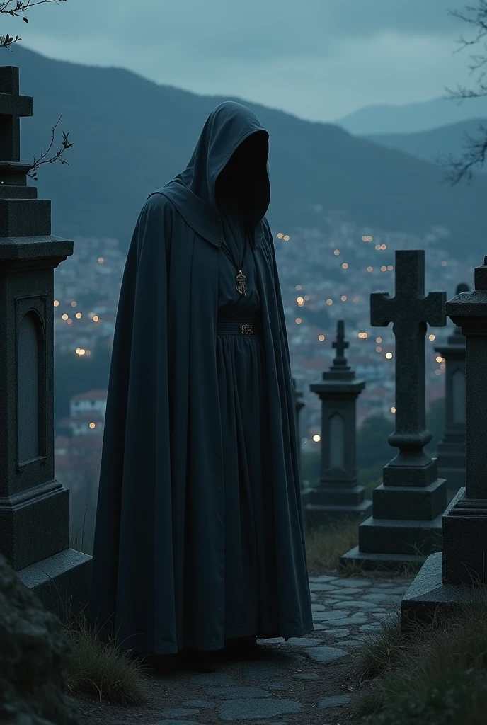 A half-hunched Catholic monk dressed in a dark grey robe with the hood up so his face cannot be seen, in the middle of a cemetery at night remains in the hills of an old town at night  
