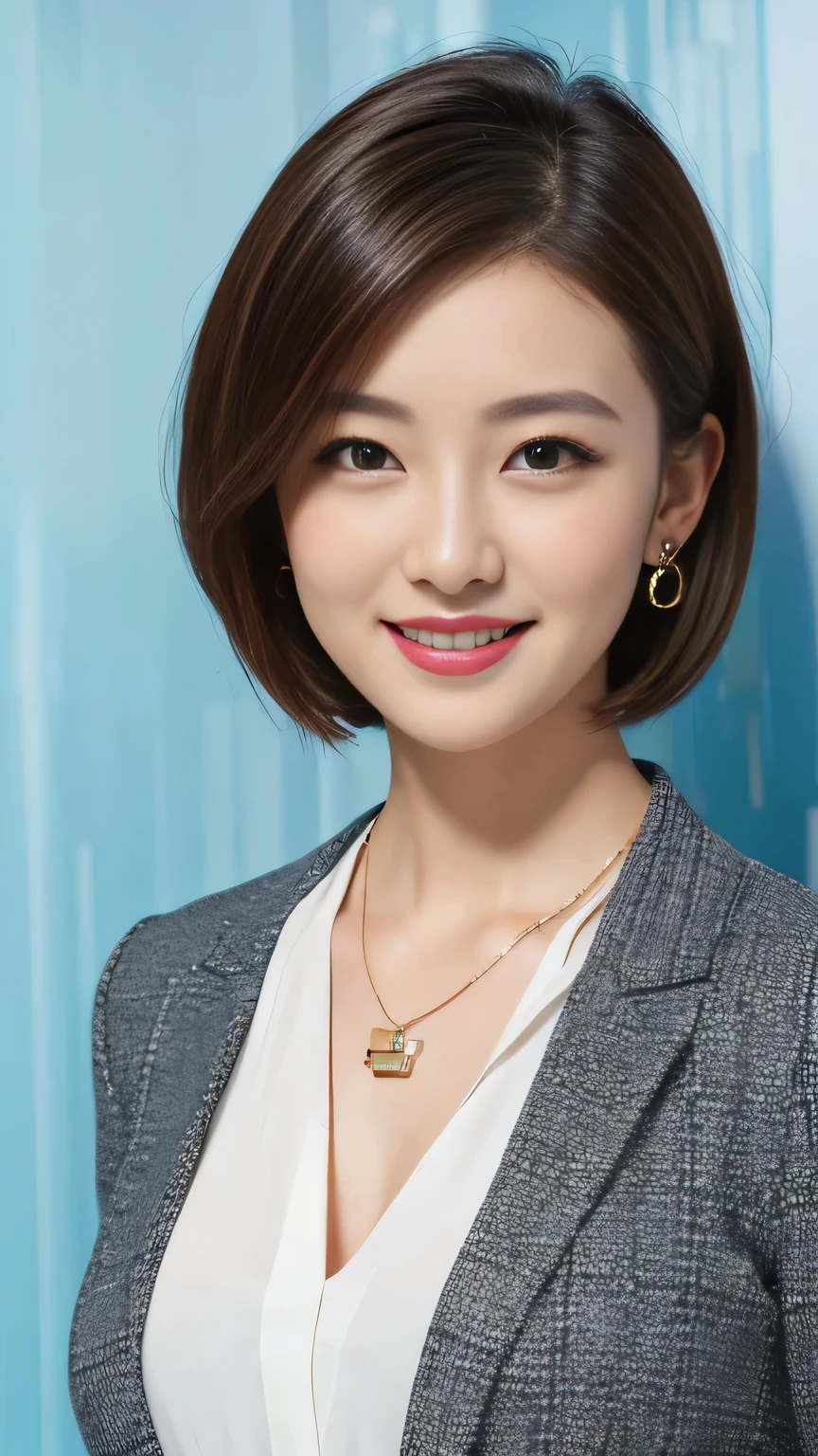 RAW Photos, High resolution, Very detailed, Intricate details, 、ear piercing、smile、short hair、Black Hair、Open your mouth a little、Clear beauty,(High quality fabric, Office Lady Suits 、Necklace around the neck、, The background is the office

