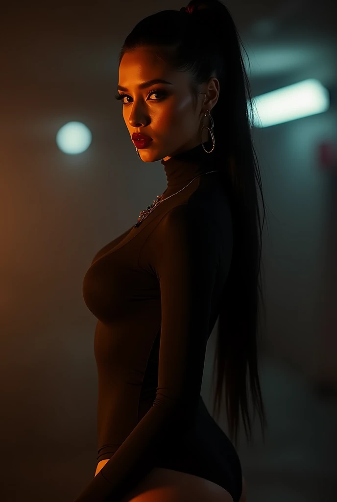 full body photo of Jo_in woman, Close-up photo of a dangerous and mysterious killer, serious expression, long black ponytail, tight bodysuit, night time Raby, (luminous golden eyes:1.2), ((best qualityer)), details Intricate, bright rear lighting, cinematic, cinematographic, medium shot, 4K, Frontlight, cinematic lighting(night time:1.1), (Raby:1.2), highly detailed skin, blood splatters, blood drops washing away in the Raby, cicatriz 