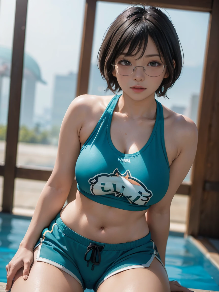 8k, RAW Photos, Highest quality, masterpiece, Realistic, Realistic, (1 Ultimate beauty), ((Cosplayer wearing a sports bra))((Wearing Dolphin Shorts)),(Strictly adhere to a composition where only one person appears in the photo)、(By the pool)(Wear rimless glasses)((Get into a squat position))Highly detailed face, (Perfect Teeth), fine grain, double eyelid, eyelash, Lip details, (((Black short bob hair), (((Very large breasts)))Big Breasts,(((Accentuate the crotch)))(((Accentuate the crotch)))((Sexy pose))Cowboy Shot,  Soft Light, ((Written boundary depth)) 
Proceed with caution，((,Japanese women)), (((moderately fleshy body, Tight waist))), (((Realistic))(((Front view)))