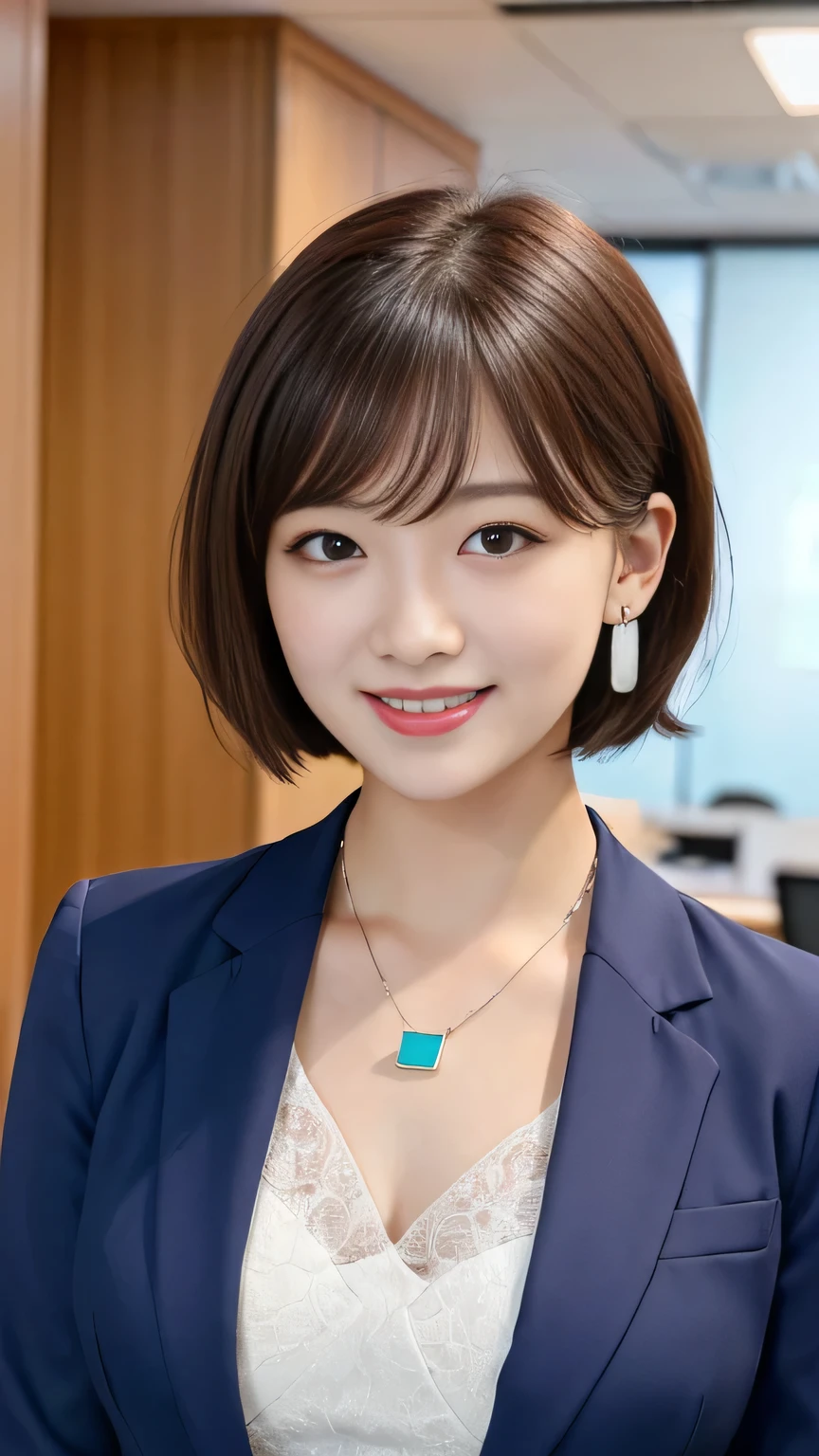 RAW Photos, High resolution, Very detailed, Intricate details, 、ear piercing、smile、short hair、Black Hair、Open your mouth a little、Clear beauty,(High quality fabric, Office Lady Suits 、Necklace around the neck、, The background is the office

