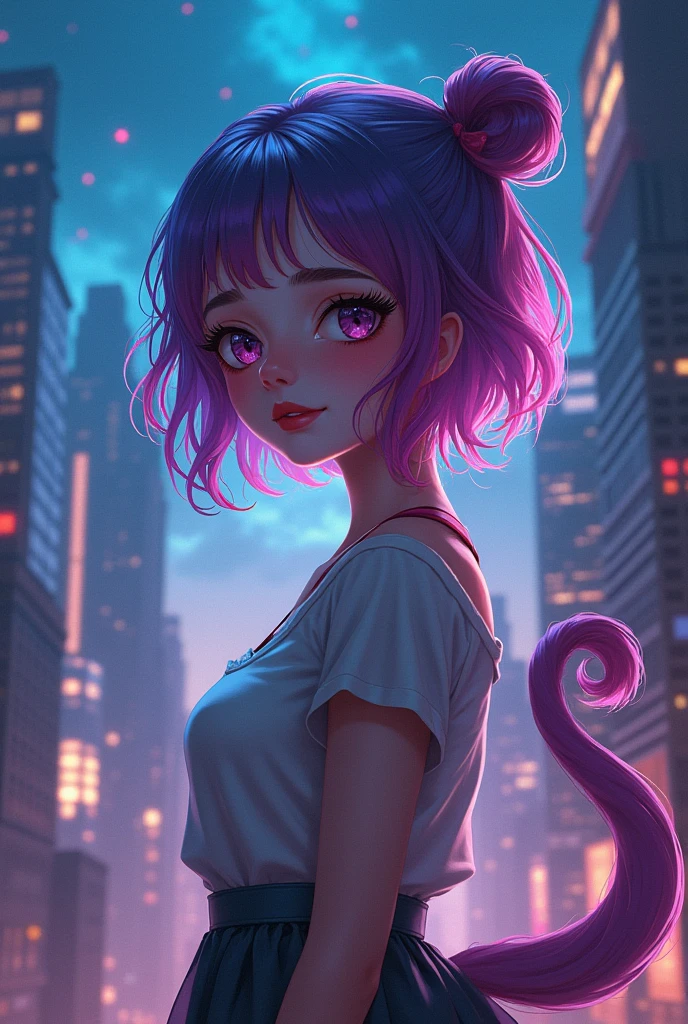 a cute girl,night, epic realistic, background city, color hair , tail, (medium_shot:1.3),